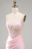 Strapless Beaded Corset Bodycon Satin Pink Homecoming Dress