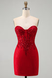 Red Strapless Beaded Bodycon Corset Homecoming Dress with Sequins