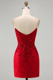 Red Strapless Beaded Bodycon Corset Homecoming Dress with Sequins