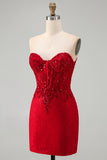 Red Strapless Beaded Bodycon Corset Homecoming Dress with Sequins