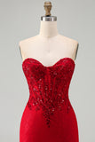 Red Strapless Beaded Bodycon Corset Homecoming Dress with Sequins