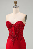 Red Strapless Beaded Bodycon Corset Homecoming Dress with Sequins