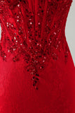 Red Strapless Beaded Bodycon Corset Homecoming Dress with Sequins