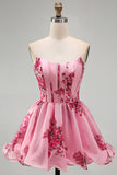 Corset Strapless A Line Ruffle Floral Pink Homecoming Dress
