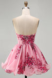 Corset Strapless A Line Ruffle Floral Pink Homecoming Dress