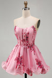 Corset Strapless A Line Ruffle Floral Pink Homecoming Dress