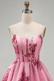 Corset Strapless A Line Ruffle Floral Pink Homecoming Dress