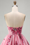 Corset Strapless A Line Ruffle Floral Pink Homecoming Dress