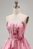 Corset Strapless A Line Ruffle Floral Pink Homecoming Dress
