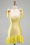 Yellow Satin Bodycon Beaded Pearl Short Homecoming Dress with Ruffles