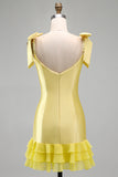 Yellow Satin Bodycon Beaded Pearl Short Homecoming Dress with Ruffles