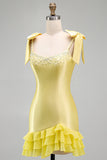 Yellow Satin Bodycon Beaded Pearl Short Homecoming Dress with Ruffles
