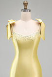 Yellow Satin Bodycon Beaded Pearl Short Homecoming Dress with Ruffles