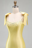 Yellow Satin Bodycon Beaded Pearl Short Homecoming Dress with Ruffles