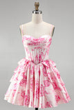 Pink Floral Corset Ruffle A Line Short Homecoming Dress