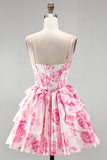 Pink Floral Corset Ruffle A Line Short Homecoming Dress