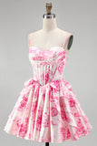 Pink Floral Corset Ruffle A Line Short Homecoming Dress