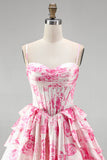 Pink Floral Corset Ruffle A Line Short Homecoming Dress