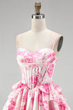Pink Floral Corset Ruffle A Line Short Homecoming Dress