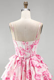 Pink Floral Corset Ruffle A Line Short Homecoming Dress