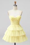 Yellow Corset Strapless Applique Tiered A Line Short Homecoming Dress