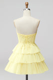 Yellow Corset Strapless Applique Tiered A Line Short Homecoming Dress