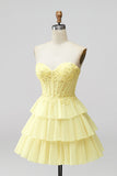 Yellow Corset Strapless Applique Tiered A Line Short Homecoming Dress