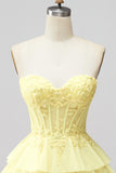 Yellow Corset Strapless Applique Tiered A Line Short Homecoming Dress