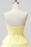 Yellow Corset Strapless Applique Tiered A Line Short Homecoming Dress