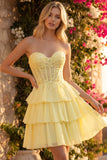 Yellow Corset Strapless Applique Tiered A Line Short Homecoming Dress