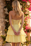 Yellow Corset Strapless Applique Tiered A Line Short Homecoming Dress