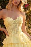 Yellow Corset Strapless Applique Tiered A Line Short Homecoming Dress