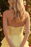 Yellow Corset Strapless Applique Tiered A Line Short Homecoming Dress