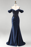 Off the Shoulder Satin Mermaid Beaded Corset Navy Prom Dress with Slit