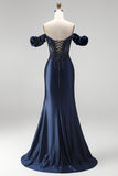 Off the Shoulder Satin Mermaid Beaded Corset Navy Prom Dress with Slit