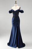 Off the Shoulder Satin Mermaid Beaded Corset Navy Prom Dress with Slit