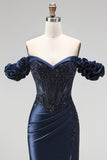 Off the Shoulder Satin Mermaid Beaded Corset Navy Prom Dress with Slit