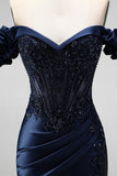 Off the Shoulder Satin Mermaid Beaded Corset Navy Prom Dress with Slit