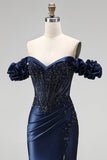 Off the Shoulder Satin Mermaid Beaded Corset Navy Prom Dress with Slit