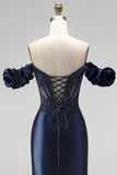 Off the Shoulder Satin Mermaid Beaded Corset Navy Prom Dress with Slit