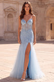 Light Blue Sequin Beaded Strapless Mermaid Tulle Long Prom Dress with Slit