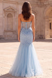 Light Blue Sequin Beaded Strapless Mermaid Tulle Long Prom Dress with Slit