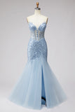 Light Blue Sequin Beaded Strapless Mermaid Tulle Long Prom Dress with Slit