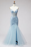 Light Blue Sequin Beaded Strapless Mermaid Tulle Long Prom Dress with Slit