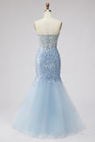 Light Blue Sequin Beaded Strapless Mermaid Tulle Long Prom Dress with Slit