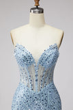 Light Blue Sequin Beaded Strapless Mermaid Tulle Long Prom Dress with Slit