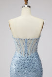 Light Blue Sequin Beaded Strapless Mermaid Tulle Long Prom Dress with Slit