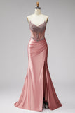 Pink Strapless Corset Rhinestone Ruched Satin Mermaid Prom Dress with Slit