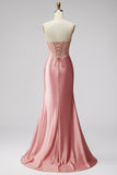 Pink Strapless Corset Rhinestone Ruched Satin Mermaid Prom Dress with Slit