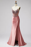 Pink Strapless Corset Rhinestone Ruched Satin Mermaid Prom Dress with Slit